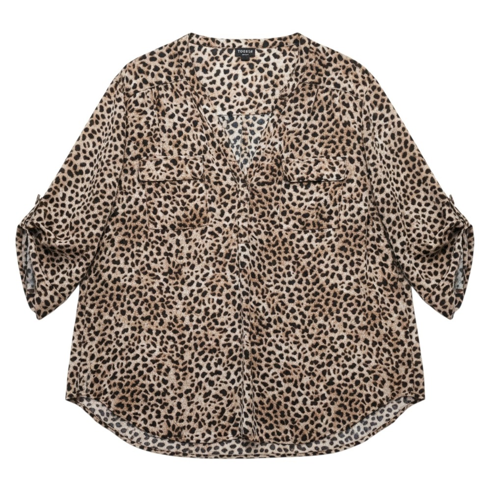 Torrid Shirt Womens 3 3X Brown Leopard Print Harper 1/2 Button Roll Tab Blouse